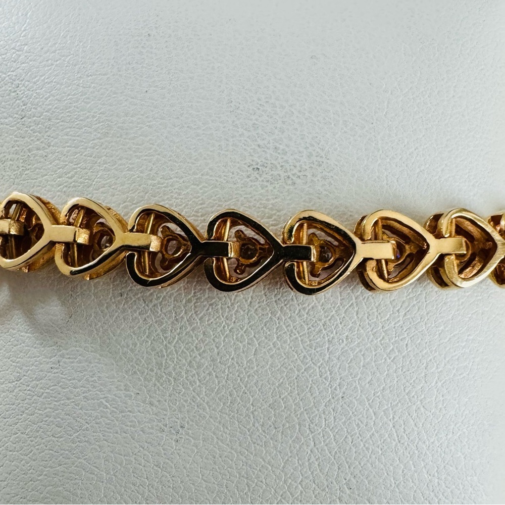 Vintage 14K Yellow Gold and Diamond Heart Link Tennis Bracelet Romantic 7" - Picture 4 of 5